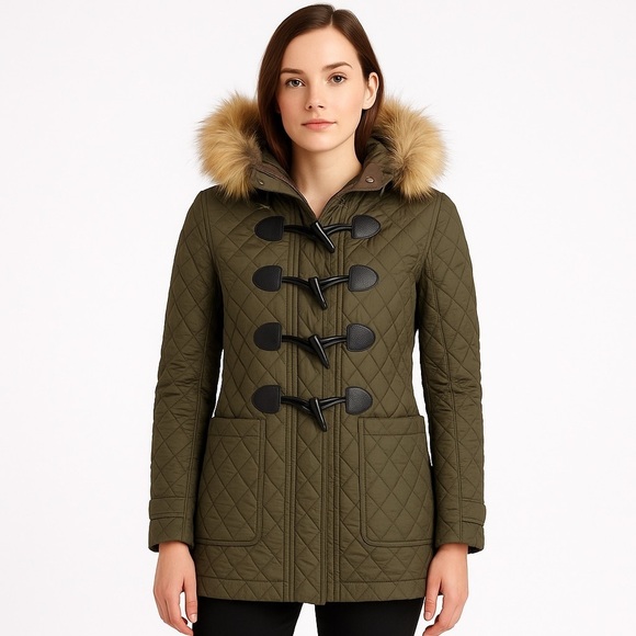 BURBERRY BRIT QUILTED TOGGLE LANSDOWNE COAT W/FUR HOOD XS - Picture 1 of 12